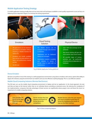 04 | Infosys
Mobile Application Testing Strategy
In mobile application testing actually there are too many tools and techniques available to meet quality requirement so we can focus on
following factors depicted in figure 2 to minimize the testing requirement.
Emulators
Cloud Testing
Solution
Physical Device
•	 All applications can be deployed
and tested on emulator without
investing in Mobile Handset for
various OS.
•	 Emulators are mostly available
free, and we can also perform UI,
Stress and performance testing
on that.
•	 30-40% test
•	 The Mobile devices can be
accessed through web interface
i.e. Browser.
•	 Application can be deployed,
tested and managed.
•	 Automation module is available
and solution is secure if
private cloud is used with no
maintenance
•	 Upto 100% test coverage can be
achieved.
•	 Real device testing will give the
most realistic view of test results.
•	 All possible types of testing
activities can be performed
including that are dependent on
hardware.
Device Emulator
QA team can perform most of the testing in a well-equipped test environment using device emulators with various options like ability to
bypass the network, using live environment via modems and use of an effective scripting language. This is a cost effective solution
Mobile Cloud Computing Solutions (Remote Real Devices)
The QA team can use the mobile cloud computing environment to deploy and test an application. In the cloud approach, the task
and data are kept on the Internet rather than on an individual device, providing on-demand access. By reducing the complexity of
the implementation, companies that take advantage of cloud services can significantly reduce project costs and boost the return on
investment of a mobile computing solution.
Fig (2) Mobile Application Testing platforms
User provides the
Inputs to the Web
Interface using
Internet
Server receives the User
request and Send it to
Actual device for
compilation
Mobile Devices solve the user request
and send compiled results back to
Server for displaying the results to
User on the Web Interface
Fig (3)-Cloud computing diagram
 