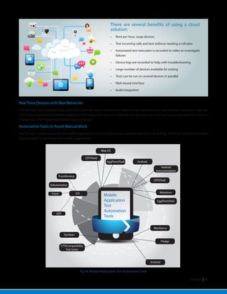 Infosys | 05
Real Time Devices with Real Networks
The QA team cannot completely avoid this option but there should be an option to test real devices on real networks whenever required.
This is important since the Mobile application will always be used on mobile devices by end users who may access the application from a
remote area with fluctuating network signal strength.
Automation Tools to Avoid Manual Work
The QA team should automate the mobile applications task to avoid manual work for time and cost savings. There are several automation
tools available in the market for mobile applications.
There are several benefits of using a cloud
solution:
•	 Rent per hour, swap devices
•	 Test incoming calls and text without needing a cell plan
•	 Automated test execution is recorded to video to investigate
failures
•	 Device logs are recorded to help with troubleshooting
•	 Large number of devices available for testing
•	 Tests can be run on several devices in parallel
•	 Web-based interface
•	 Build integration
Mobile
Application
Test
Automation
Tools
Android
QTP(Paid)
Robotium
Blackberry
Fledge
Android
FoneMonkey
QTP
iOS
UIAutomation
Frank
Android
Instrumentation
EggPlant(Paid
Symbian
CTS(Compatibility
Test Suite)
Web OS
EggPlant(Paid)
QTP(Paid)
Fig (4) Mobile Application Test Automation Tools
 