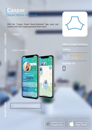 Caspar
With the "Caspar: Smart Home Assistant" app, users can
interact with their Caspar powered smart home.
Oﬀers In-App Purchases
5.0 4 Ratings
CATEGORYLANGUAGESWHAT'SNEW
Bug ﬁxes and Improvements
Utilities
Utilities
AvailableAvailable
Google Play
English, Japanese
Available On
Smart Home Assistant
 