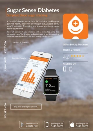 Sugar Sense Diabetes
A beautiful diabetes app to be in full control of tracking your
personal health. Track your blood sugar level, glucose, carbs,
weight, and more. The easiest and simplest way to track your
health information.
Oﬀers In-App Purchases
4.6 3.7K Ratings
CATEGORYLANGUAGESWHAT'SNEW
Bug ﬁxes and improvements.
Health & Fitness
Health & Fitness
AvailableAvailable
Google Play
English, French
Available On
Simplest blood sugar tracking
Take full control of your diabetes with a quick tap using this
companion app. The simplest and easiest app to use in managing
diabetes. Awarded as Top 5 diabetes app by many sources!
Available
 
