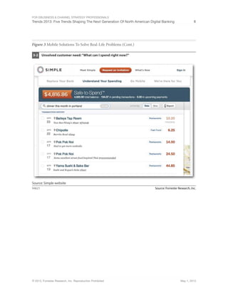 For eBusiness & Channel Strategy Professionals
Trends 2013: Five Trends Shaping The Next Generation Of North American Digital Banking 8
© 2013, Forrester Research, Inc. Reproduction Prohibited May 1, 2013
Figure 3 Mobile Solutions To Solve Real-Life Problems (Cont.)
Source: Forrester Research, Inc.94621
Unsolved customer need:“What can I spend right now?”3-2
Source: Simple website
 