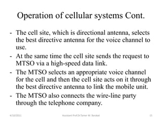Operation of cellular systems Cont.
- The cell site, which is directional antenna, selects
the best directive antenna for ...