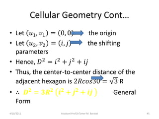 Cellular Geometry Cont…
• Let 𝑢1, 𝑣1 = 0, 0 the origin
• Let 𝑢2, 𝑣2 = 𝑖, 𝑗 the shifting
parameters
• Hence, 𝐷2
= 𝑖2
+ 𝑗2
+...