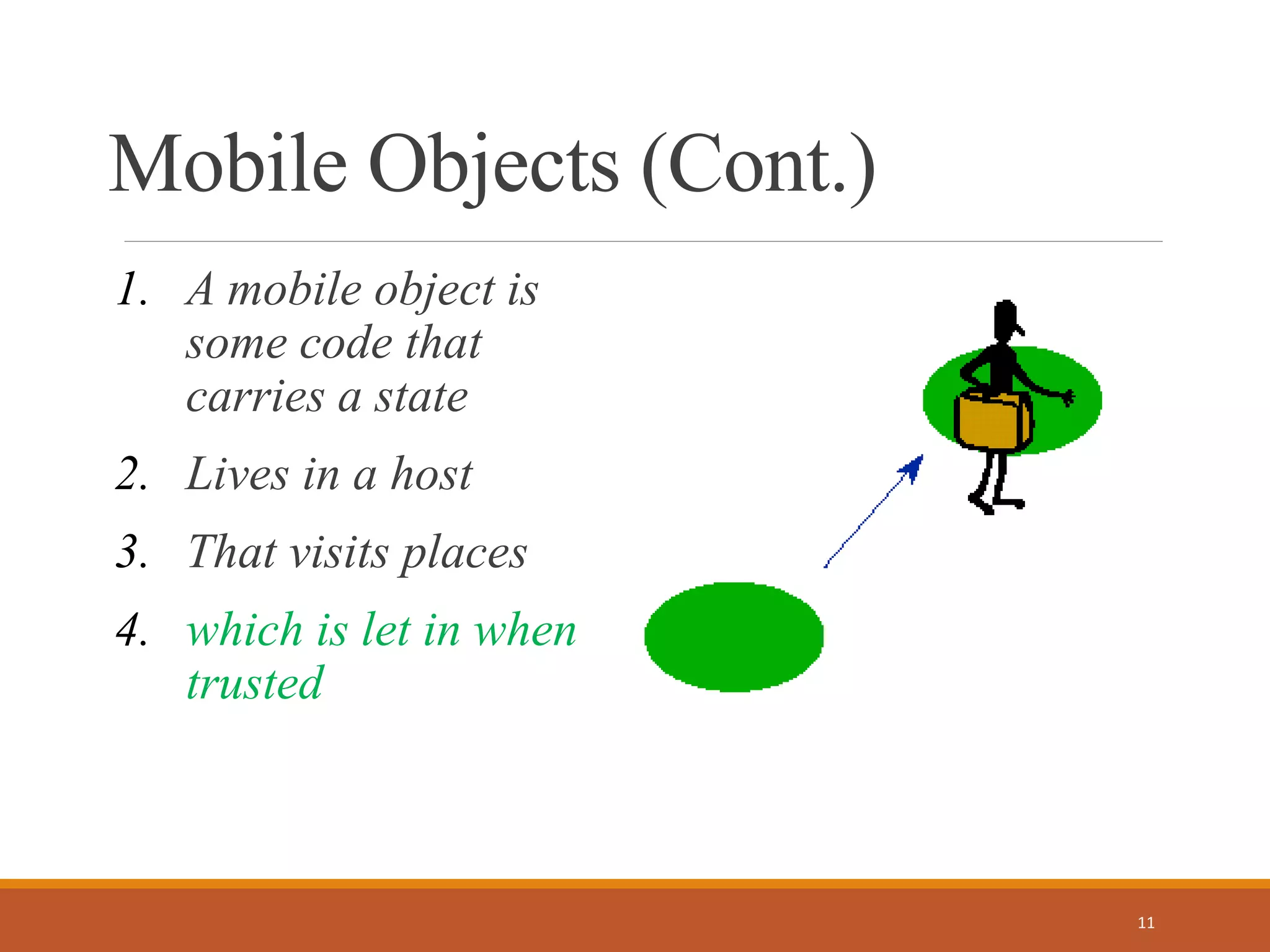 Mobile Objects (Cont.)
1. A mobile object is
some code that
carries a state
2. Lives in a host
3. That visits places
4. which is let in when
trusted
11
 