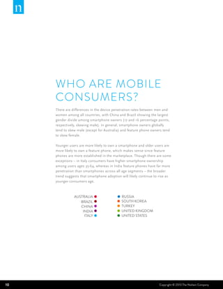 Who are mobile
     consumers?
     There are differences in the device penetration rates between men and
     women among all countries, with China and Brazil showing the largest
     gender divide among smartphone owners (17 and 16 percentage points,
     respectively, skewing male). In general, smartphone owners globally
     tend to skew male (except for Australia) and feature phone owners tend
     to skew female.

     Younger users are more likely to own a smartphone and older users are
     more likely to own a feature phone, which makes sense since feature
     phones are more established in the marketplace. Though there are some
     exceptions – in Italy consumers have higher smartphone ownership
     among users ages 35-64, whereas in India feature phones have far more
     penetration than smartphones across all age segments – the broader
     trend suggests that smartphone adoption will likely continue to rise as
     younger consumers age.



                AUSTRALIA                    RUSSIA
                   BRAZIL                    SOUTH KOREA
                   CHINA                     TURKEY
                    INDIA                    UNITED KINGDOM
                     ITALY                   UNITED STATES




10                                                                  Copyright © 2013 The Nielsen Company
 