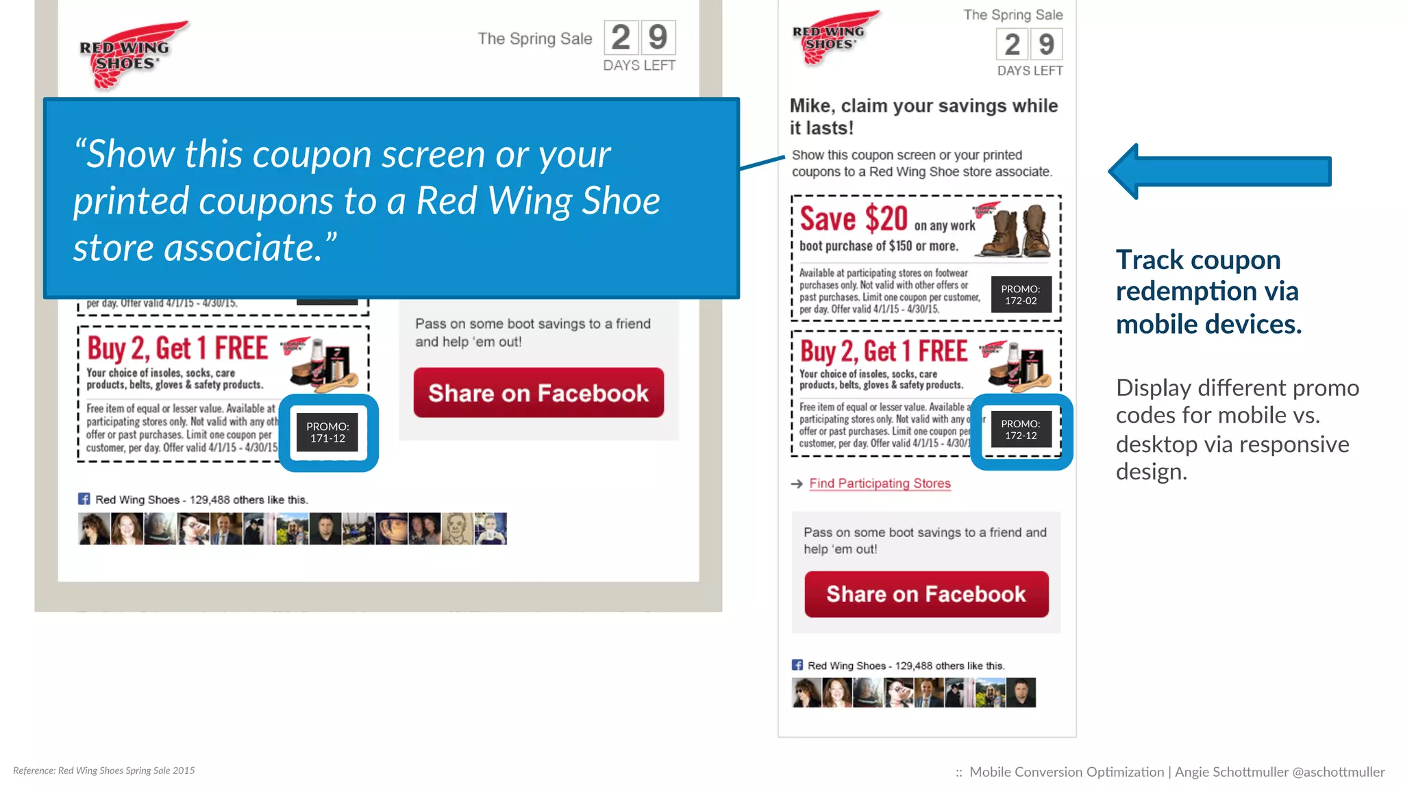 Reference:  Red  Wing  Shoes  Spring  Sale  2015   ::    Mobile  Conversion  OpCmizaCon  |  Angie  SchoJmuller  @aschoJmuller  
PROMO:  
172-­‐12  
PROMO:  
172-­‐02  
PROMO:  
171-­‐12  
PROMO:  
171-­‐02  
Track  coupon  
redempdon  via  
mobile  devices.  
  
Display  diﬀerent  promo  
codes  for  mobile  vs.  
desktop  via  responsive  
design.  
 