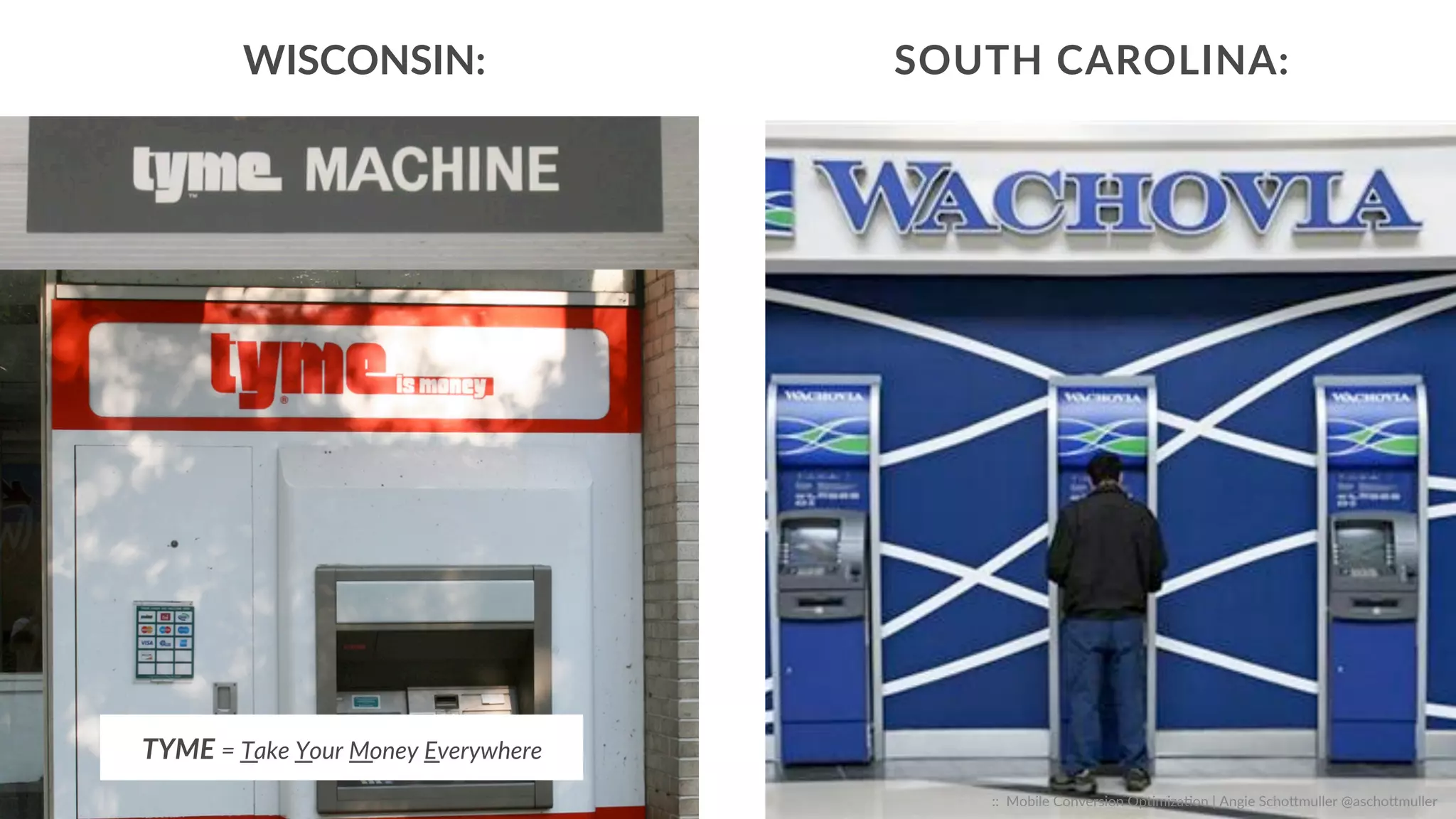 ::    Mobile  Conversion  OpCmizaCon  |  Angie  SchoJmuller  @aschoJmuller  
WISCONSIN:   SOUTH  CAROLINA:  
TYME  =  Take  Your  Money  Everywhere  
 