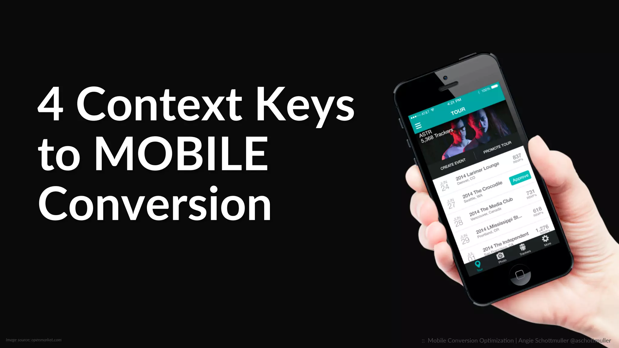 4  Context  Keys  
to  MOBILE  
Conversion  
::    Mobile  Conversion  OpCmizaCon  |  Angie  SchoJmuller  @aschoJmuller  Image  source:  openmarket.com  
 