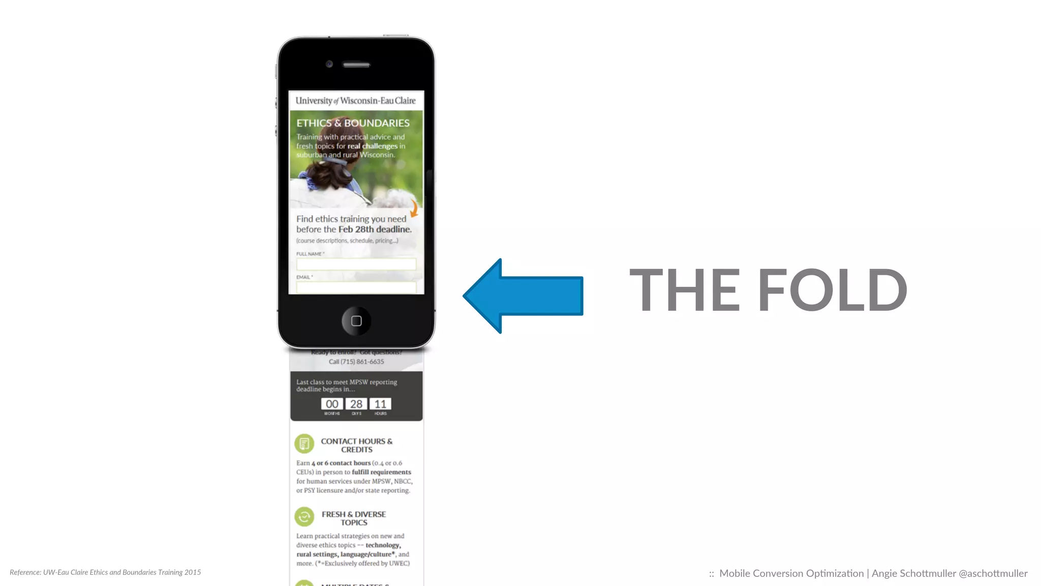 Reference:  UW-­‐Eau  Claire  Ethics  and  Boundaries  Training  2015  
THE  FOLD  
::    Mobile  Conversion  OpCmizaCon  |  Angie  SchoJmuller  @aschoJmuller  
 