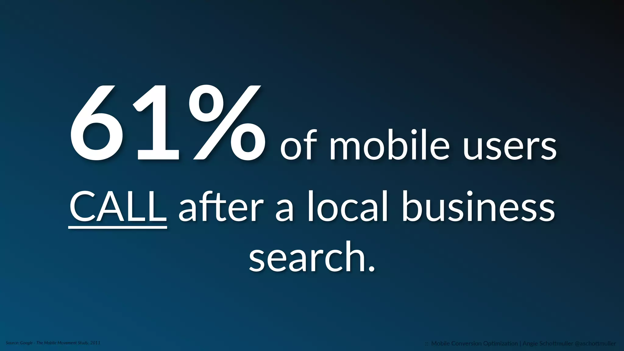 Reference:  Red  Wing  Shoes  Spring  Sale  2015  
Leverage  GeoIP.  
“Smart”  defaults…  
::    Mobile  Conversion  OpCmizaCon  |  Angie  SchoJmuller  @aschoJmuller  
Default  Input  
Center  Map  
List  Nearby  Results  
 