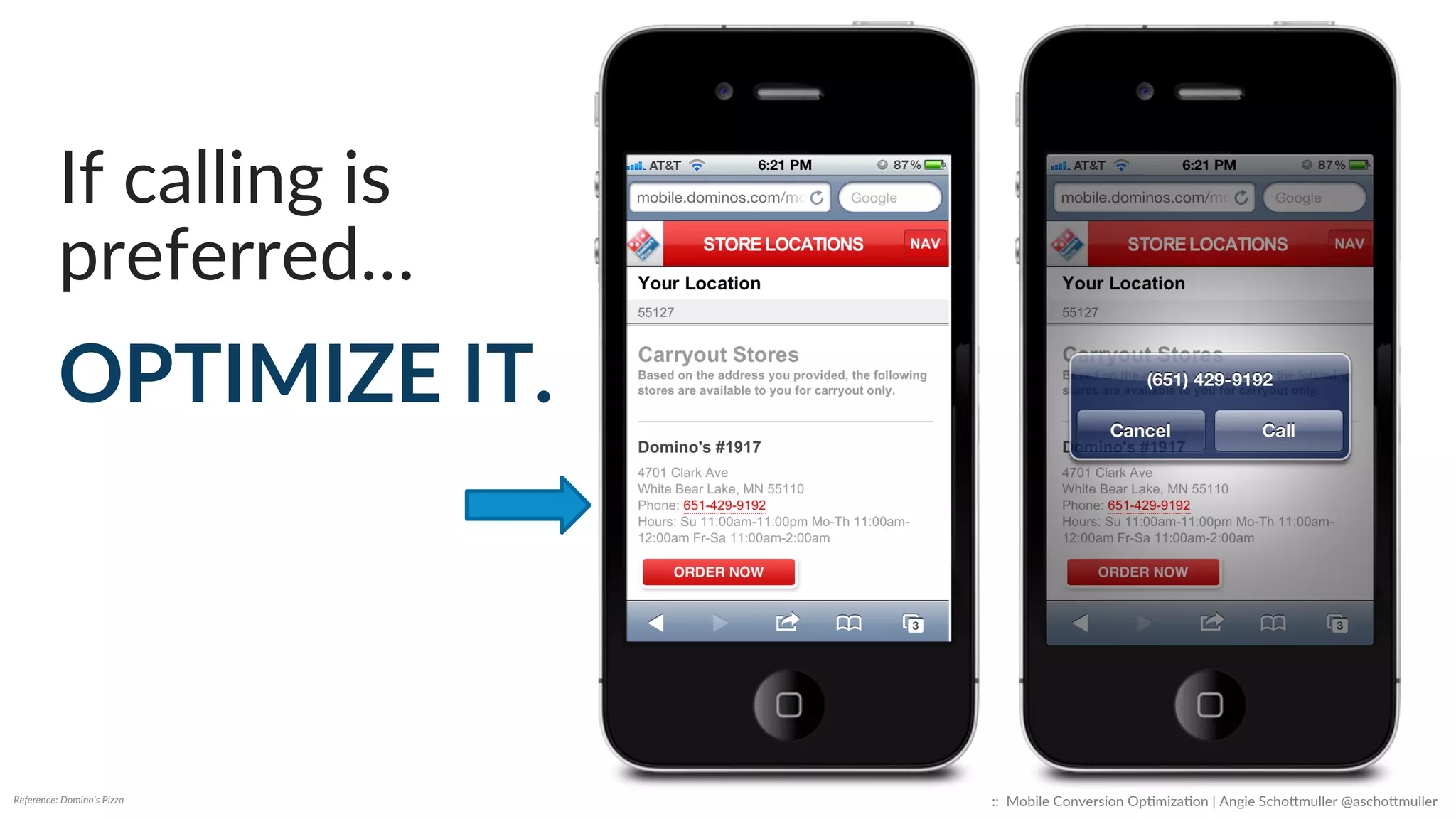 61%  of  mobile  users  
CALL  aler  a  local  business  
search.  
Source:  Google  -­‐  The  Mobile  Movement  Study,  2011   ::    Mobile  Conversion  OpCmizaCon  |  Angie  SchoJmuller  @aschoJmuller  
 