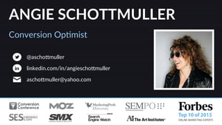 NEED  HELP  CONVERTING  MOBILE  TRAFFIC?  
Get  a  Mobile  CRO  Consultadon  
Maximize  your  opCmizaCon  impact  with  an  mobile  power  play!  
Angie  SchoJmuller    |    aschoJmuller@yahoo.com    |    @aschoJmuller  
Persuasive  content,  psychology  tricks,  and  measurement  insights  -­‐-­‐  just  
a  few  of  the  ways  I  can  help  you  deliver  awesome  and  EXCEED  your  
mobile  goals.    
  
Contact  me  for  a  FREE  30-­‐minute  consultadon  TODAY.  
::    Mobile  Conversion  OpCmizaCon  |  Angie  SchoJmuller  @aschoJmuller  
 