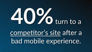40%  turn  to  a  
compeCtor’s  site  aler  a  
bad  mobile  experience.  
Source:  Compuware,  "What  Users  Want  from  Mobile,"  2011   ::    Mobile  Conversion  OpCmizaCon  |  Angie  SchoJmuller  @aschoJmuller  
 