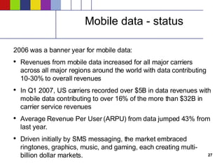 Mobile data - status 2006 was a banner year for mobile data: Revenues from mobile data increased for all major carriers across all major regions around the world with data contributing 10-30% to overall revenues In Q1 2007, US carriers recorded over $5B in data revenues with mobile data contributing to over 16% of the more than $32B in carrier service revenues Average Revenue Per User (ARPU) from data jumped 43% from last year.  Driven initially by SMS messaging, the market embraced ringtones, graphics, music, and gaming, each creating multi-billion dollar markets. 