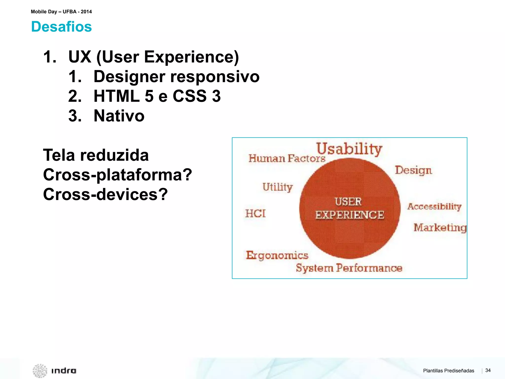 Plantillas Prediseñadas | 34
Desafios
Mobile Day – UFBA - 2014
1. UX (User Experience)
1. Designer responsivo
2. HTML 5 e CSS 3
3. Nativo
Tela reduzida
Cross-plataforma?
Cross-devices?
 