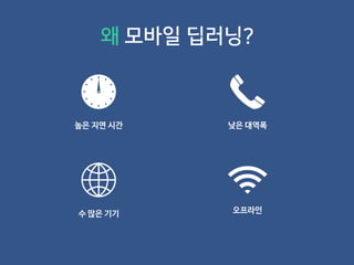 왜 모바일 딥러닝?
높은 지연 시간
수 많은 기기 오프라인
낮은 대역폭
 