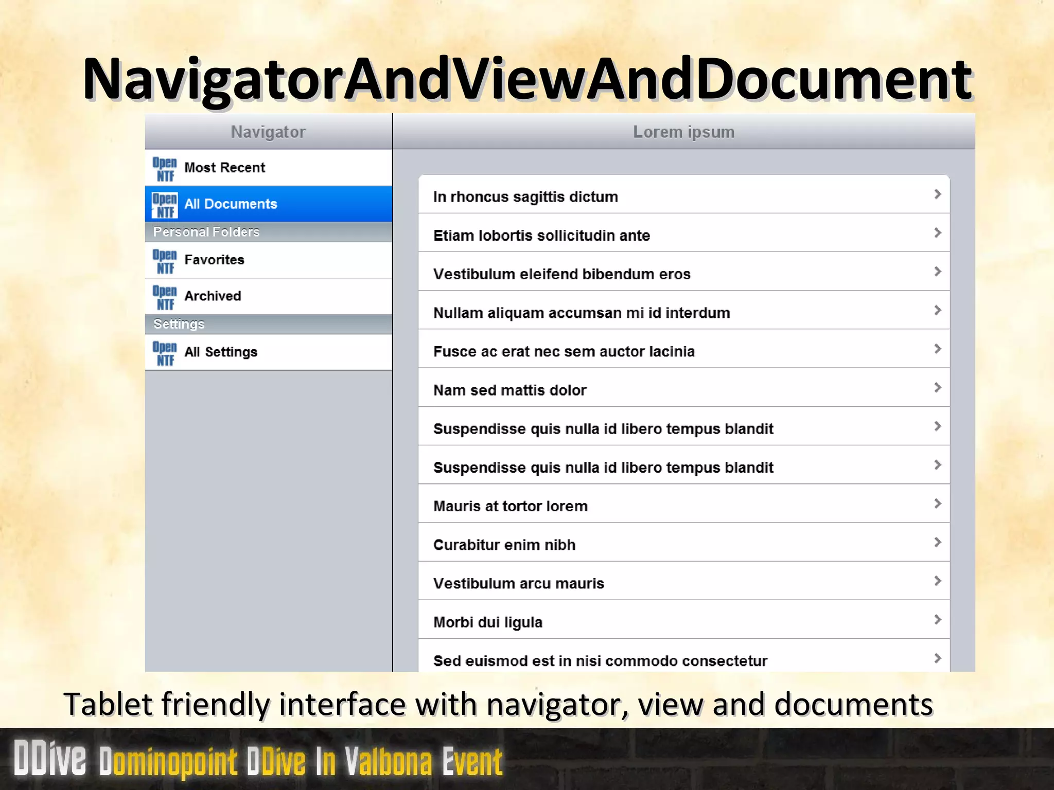 NavigatorAndViewAndDocument Tablet friendly interface with navigator, view and documents 