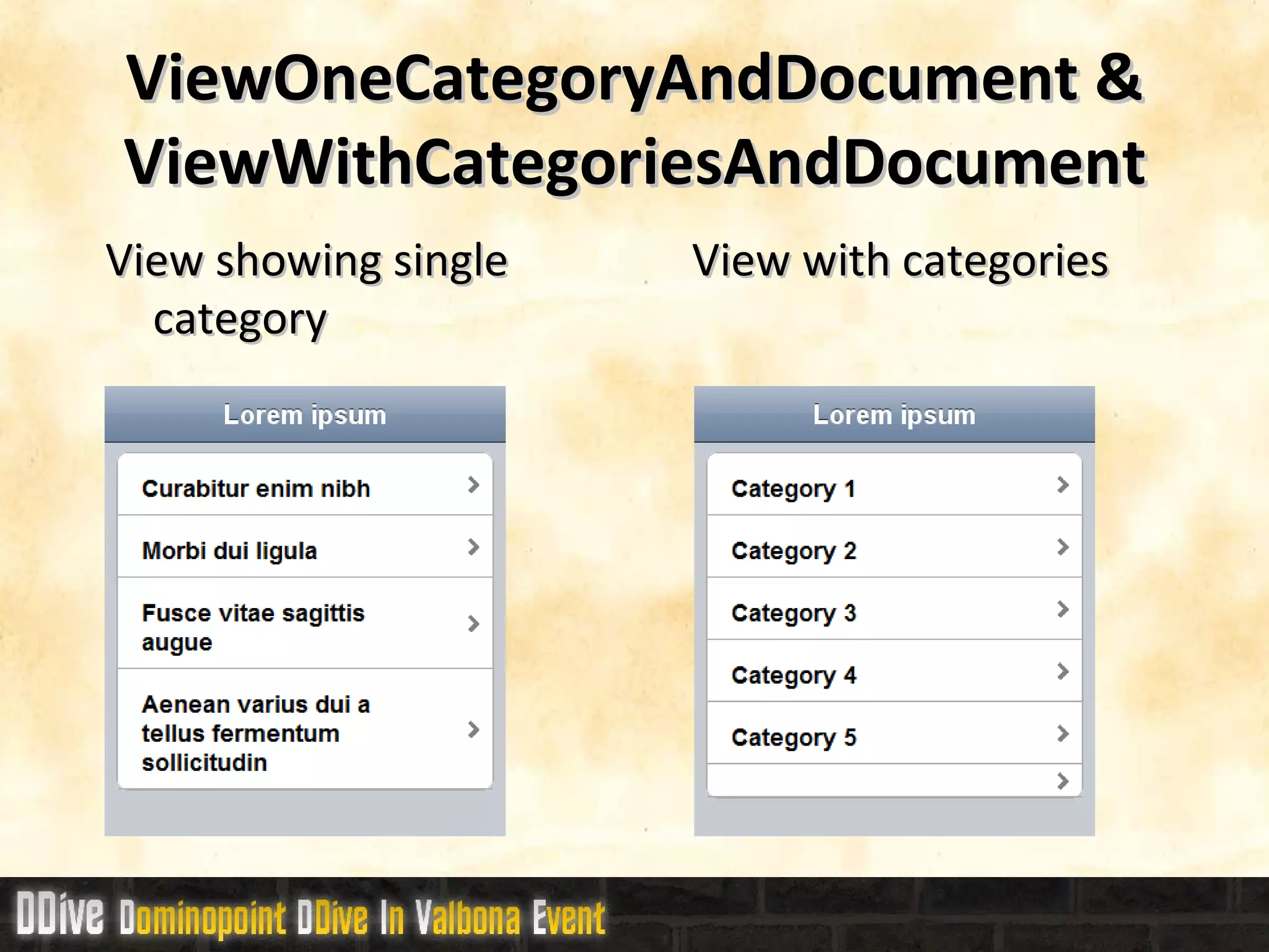 ViewOneCategoryAndDocument & ViewWithCategoriesAndDocument View showing single category  View with categories 