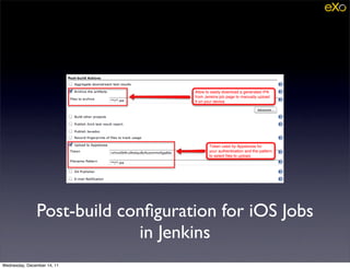 Post-build conﬁguration for iOS Jobs
                            in Jenkins
Wednesday, December 14, 11
 