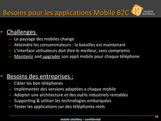 Besoins pour les applications Mobile B2C Challenges  Le paysage des mobiles change Atteindre les consommateurs : la batailles est maintenant  L’interface utilisateurs doit être le meilleur, sans compromis  Maintenir  and  upgrader  son appli mobile pour chaque téléphone Besoins des entreprises : Cibler les bon téléphones  Implémenter des versions adaptées a chaque mobile Adopter une architecture et des outils industriels rentables  Supporting & utiliser les technologies embarquées  Tester les applications sur des téléphones réels 
