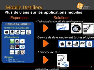 Mobile Distillery Service de test  Plus de 6 ans sur les applications mobiles  Technologies et outils de developpement  Alembic Service de développement toutes platforme   Expertises Solutions Testing Qick Consult Celsius 