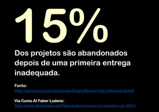 15%
Dos projetos são abandonados
depois de uma primeira entrega
inadequada.
Fonte:
http://spectrum.ieee.org/computing/software/why-software-fails/0

Via Curso AI Faber Ludens:
http://www.slideshare.net/faberludens/curso-ai-i-masters-jan-2013
 