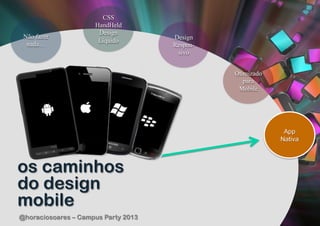 CSS
                     HandHeld
                      Design
 Não fazer                           Design
                      Líquido
  nada…                              Respon-
                                      sivo


                                               Otimizado
                                                  para
                                                Mobile




                                                            App
                                                           Nativa



os caminhos
do design
mobile
@horaciosoares – Campus Party 2013
 