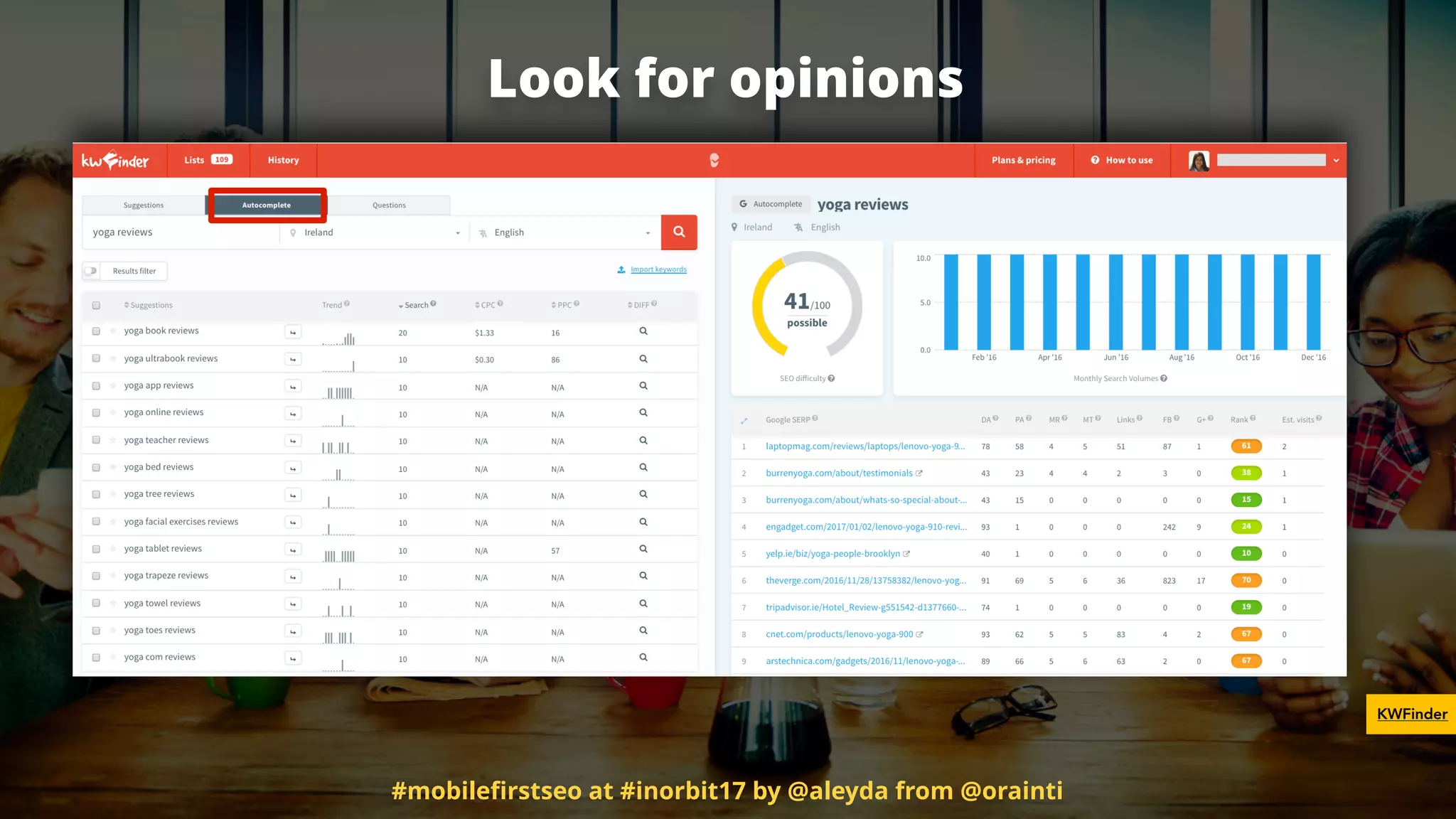Look for opinions
KWFinder
#mobileﬁrstseo at #inorbit17 by @aleyda from @orainti
 