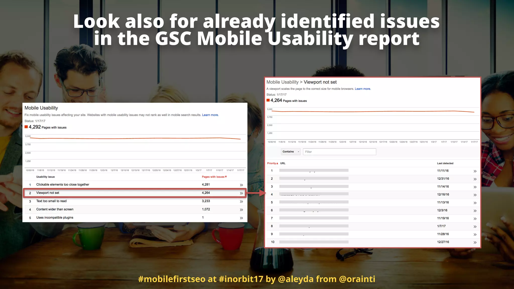 Look also for already identiﬁed issues  
in the GSC Mobile Usability report
#mobileﬁrstseo at #inorbit17 by @aleyda from @orainti
 