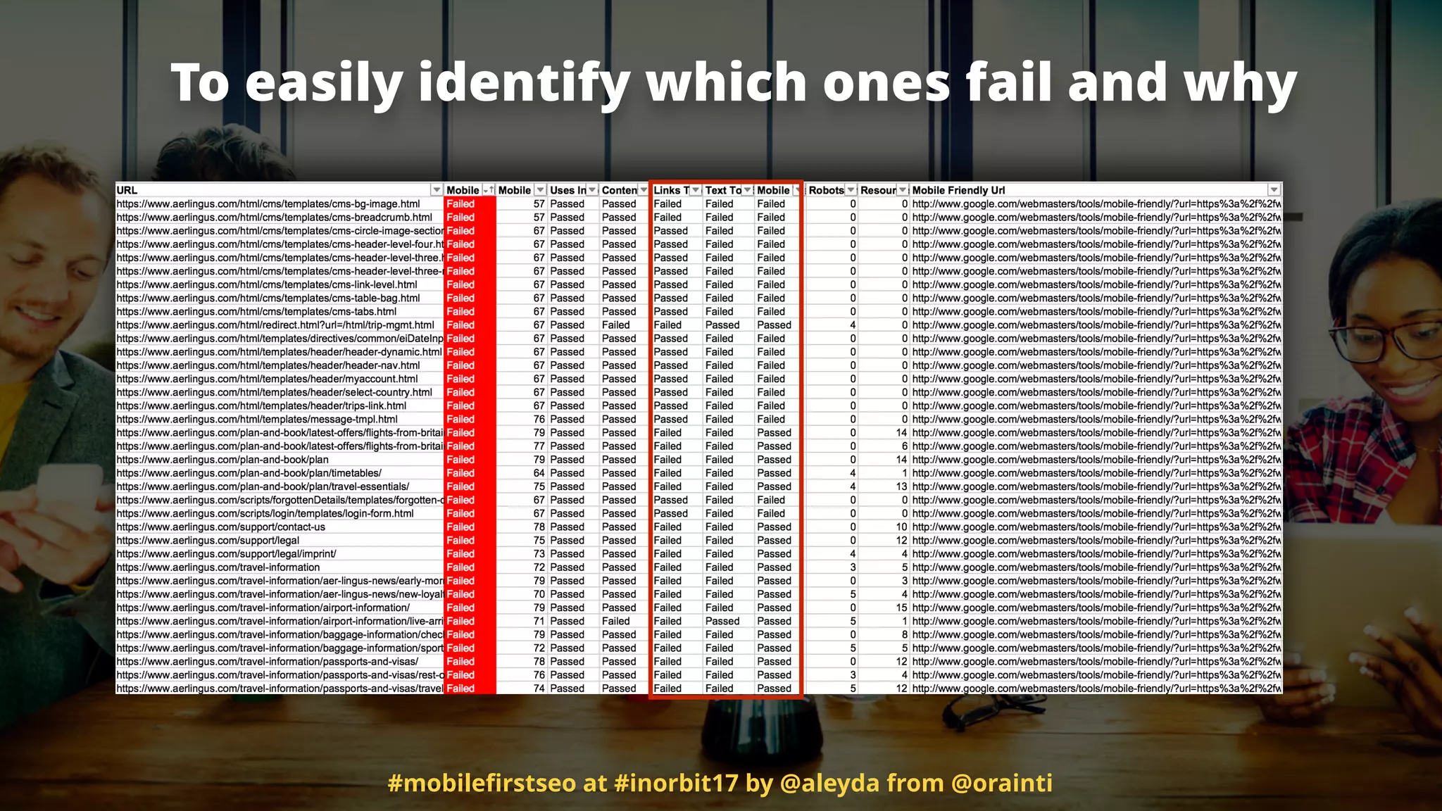 To easily identify which ones fail and why
#mobileﬁrstseo at #inorbit17 by @aleyda from @orainti
 