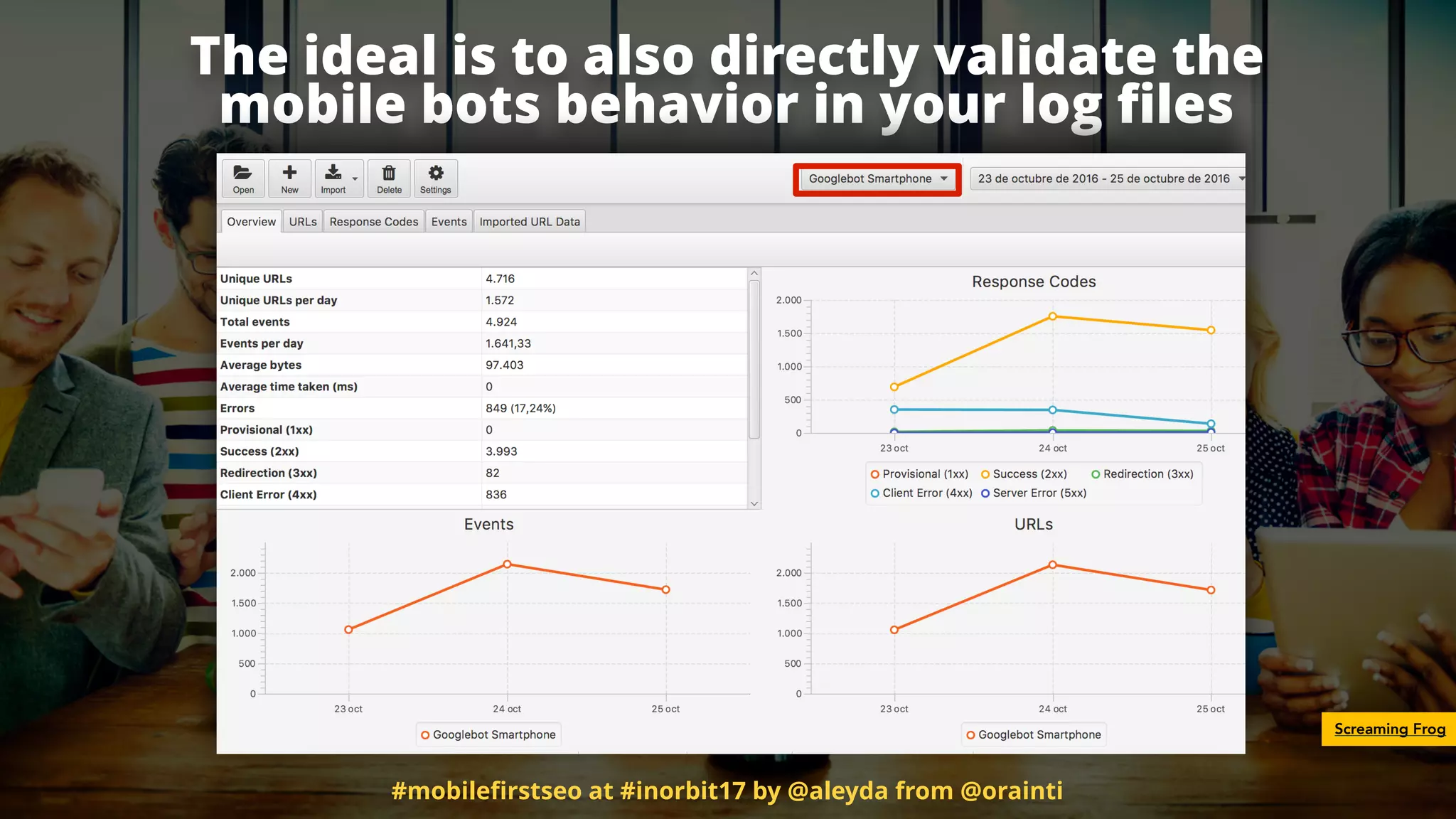 The ideal is to also directly validate the
mobile bots behavior in your log ﬁles
Screaming Frog
#mobileﬁrstseo at #inorbit17 by @aleyda from @orainti
 