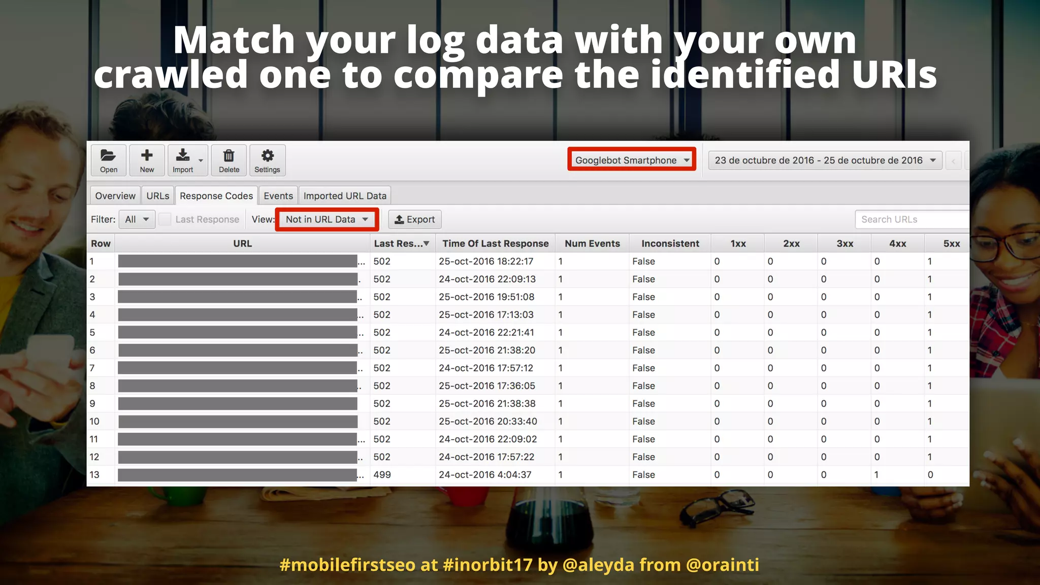 Match your log data with your own
crawled one to compare the identiﬁed URls
#mobileﬁrstseo at #inorbit17 by @aleyda from @orainti
 