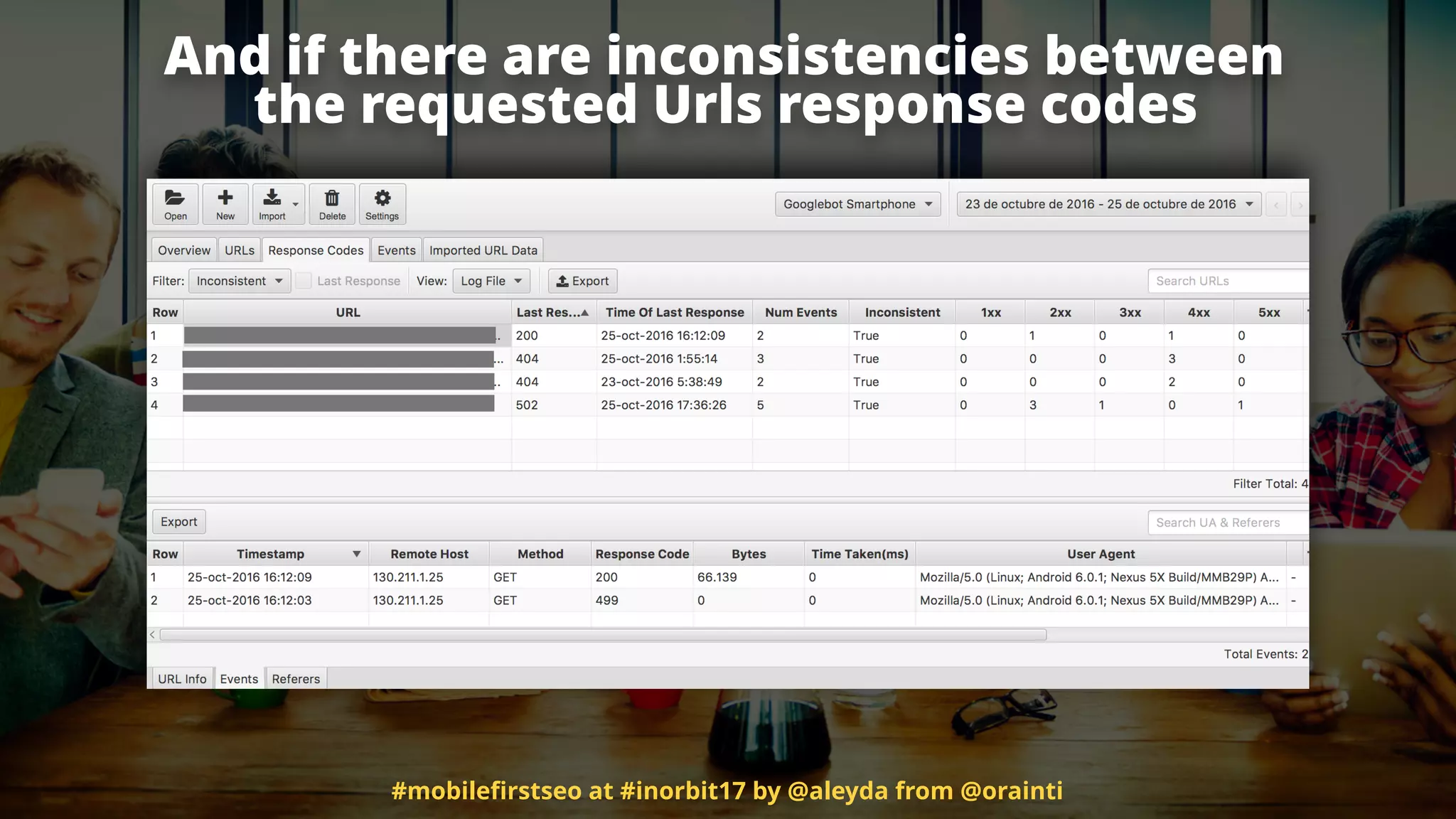 And if there are inconsistencies between
the requested Urls response codes
#mobileﬁrstseo at #inorbit17 by @aleyda from @orainti
 