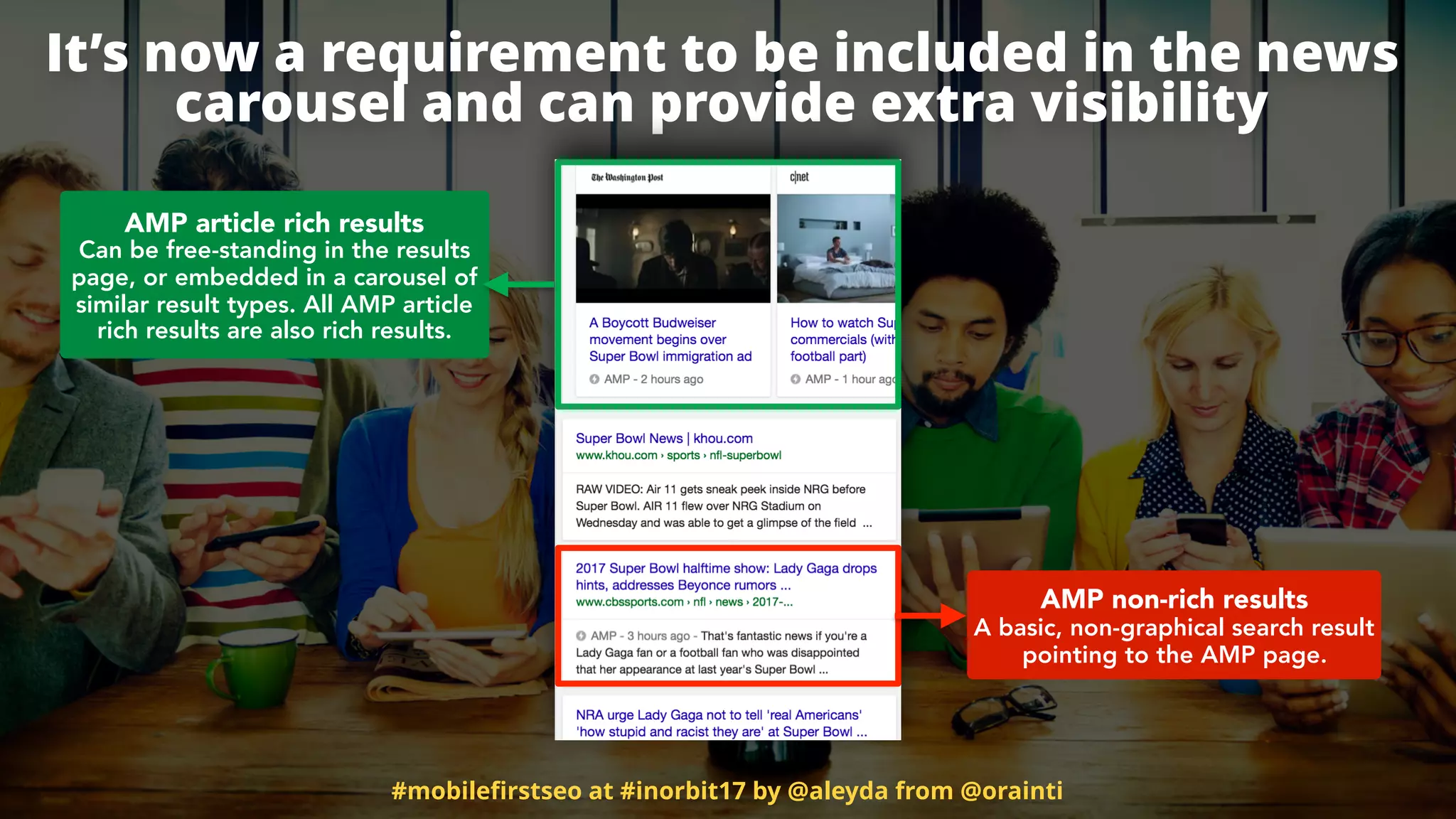 It’s now a requirement to be included in the news
carousel and can provide extra visibility
AMP article rich results 
Can be free-standing in the results
page, or embedded in a carousel of
similar result types. All AMP article
rich results are also rich results.
AMP non-rich results 
A basic, non-graphical search result
pointing to the AMP page.
#mobileﬁrstseo at #inorbit17 by @aleyda from @orainti
 