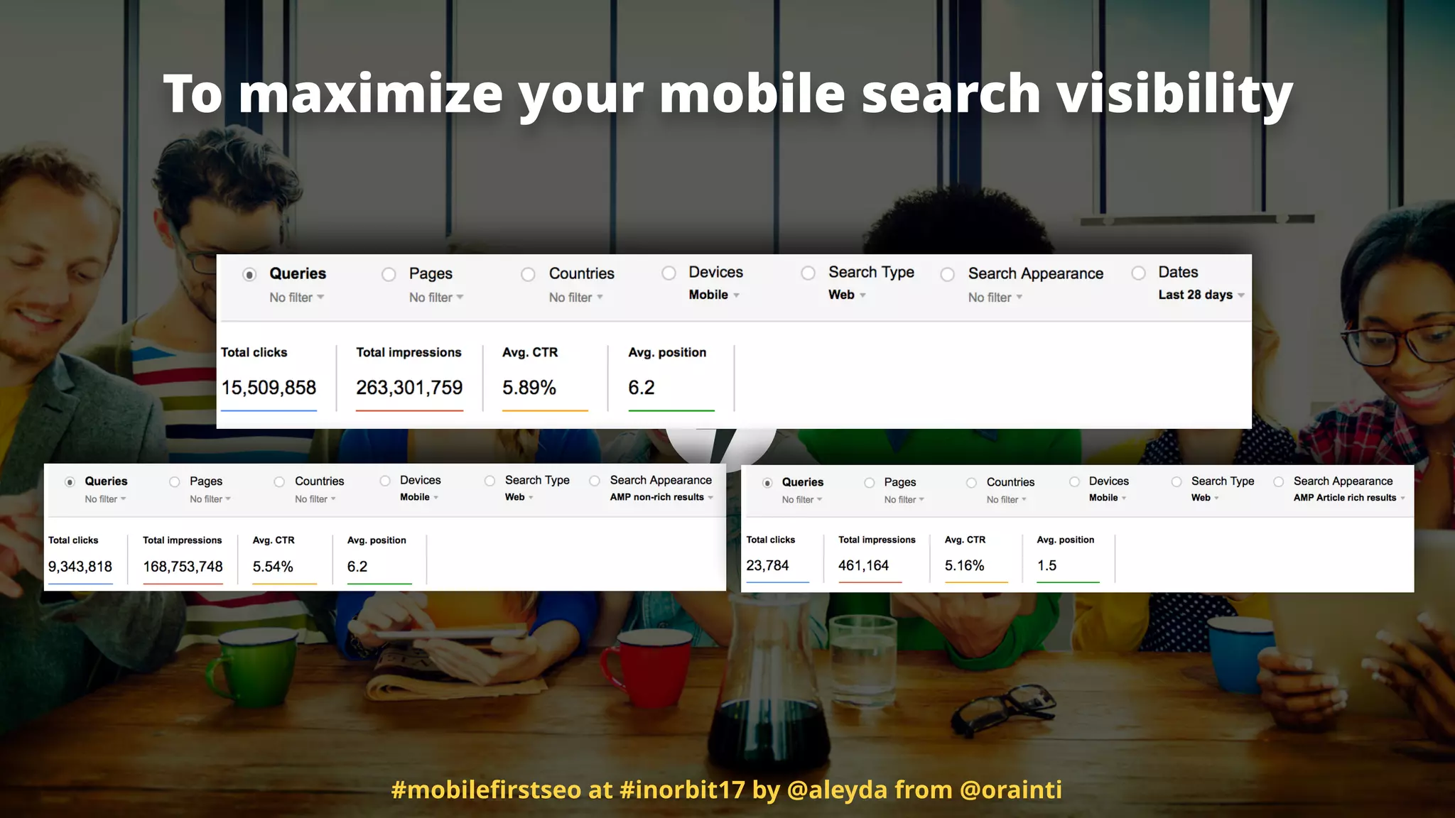 To maximize your mobile search visibility
#mobileﬁrstseo at #inorbit17 by @aleyda from @orainti
 