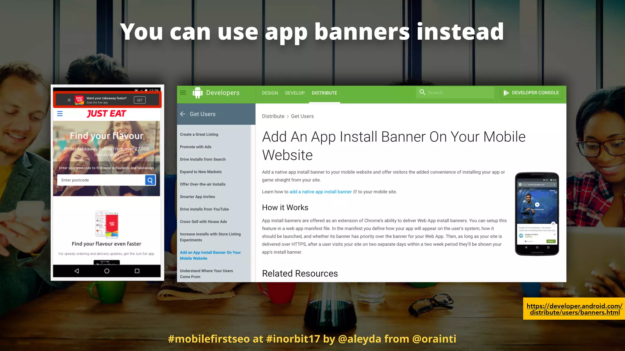 You can use app banners instead
https://developer.android.com/
distribute/users/banners.html
#mobileﬁrstseo at #inorbit17 by @aleyda from @orainti
 
