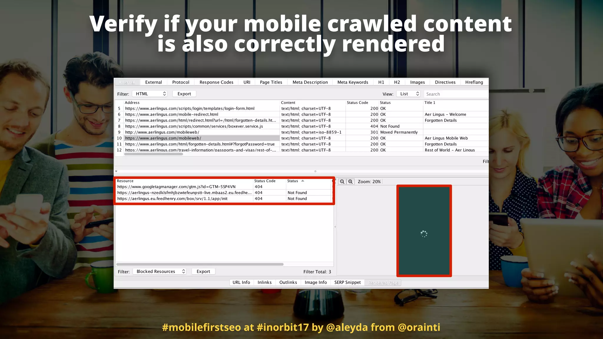 Verify if your mobile crawled content
is also correctly rendered
#mobileﬁrstseo at #inorbit17 by @aleyda from @orainti
 