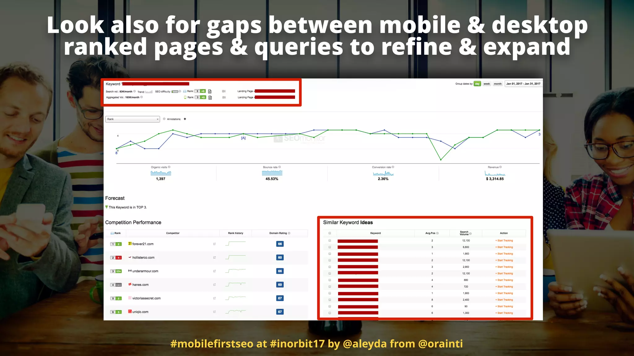 Look also for gaps between mobile & desktop
ranked pages & queries to reﬁne & expand
#mobileﬁrstseo at #inorbit17 by @aleyda from @orainti
 
