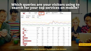 Which queries are your visitors using to
search for your top services on mobile?
Google Search Console
#mobileﬁrstseo at #...