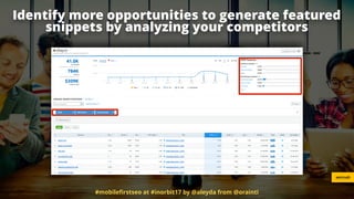 Identify more opportunities to generate featured
snippets by analyzing your competitors
semrush
#mobileﬁrstseo at #inorbit...