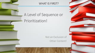 WHAT IS FIRST?
A Level of Sequence or
Prioritization!
Not an Exclusion of
Other Content!
 
