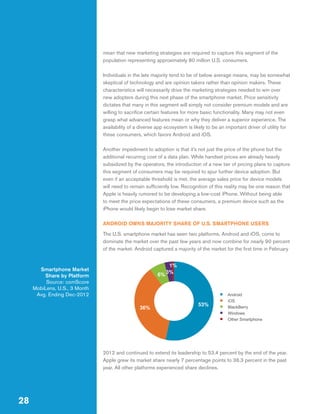 mean that new marketing strategies are required to capture this segment of the
population representing approximately 80 million U.S. consumers.
Individuals in the late majority tend to be of below average means, may be somewhat
skeptical of technology and are opinion takers rather than opinion makers. These
characteristics will necessarily drive the marketing strategies needed to win over
new adopters during this next phase of the smartphone market. Price sensitivity
dictates that many in this segment will simply not consider premium models and are
willing to sacrifice certain features for more basic functionality. Many may not even
grasp what advanced features mean or why they deliver a superior experience. The
availability of a diverse app ecosystem is likely to be an important driver of utility for
these consumers, which favors Android and iOS.
Another impediment to adoption is that it’s not just the price of the phone but the
additional recurring cost of a data plan. While handset prices are already heavily
subsidized by the operators, the introduction of a new tier of pricing plans to capture
this segment of consumers may be required to spur further device adoption. But
even if an acceptable threshold is met, the average sales price for device models
will need to remain sufficiently low. Recognition of this reality may be one reason that
Apple is heavily rumored to be developing a low-cost iPhone. Without being able
to meet the price expectations of these consumers, a premium device such as the
iPhone would likely begin to lose market share.
ANDROID OWNS MAJORITY SHARE OF U.S. SMARTPHONE USERS
The U.S. smartphone market has seen two platforms, Android and iOS, come to
dominate the market over the past few years and now combine for nearly 90 percent
of the market. Android captured a majority of the market for the first time in February
1%
3%
6%

Smartphone Market
Share by Platform
Source: comScore
MobiLens, U.S., 3 Month
Avg. Ending Dec-2012
36%

53%

Android
iOS
BlackBerry
Windows
Other Smartphone

2012 and continued to extend its leadership to 53.4 percent by the end of the year.
Apple grew its market share nearly 7 percentage points to 36.3 percent in the past
year. All other platforms experienced share declines.

28

 
