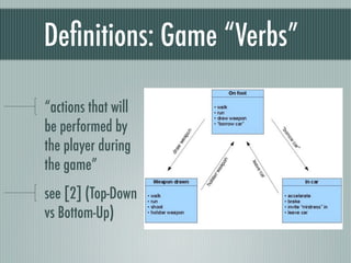 Deﬁnitions: Game “Verbs”

“actions that will
be performed by
the player during
the game”
see [2] (Top-Down
vs Bottom-Up)
 