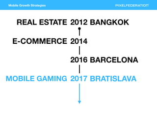 Mobile Growth Strategies
2014
2016
2017
2012REAL ESTATE
E-COMMERCE
MOBILE GAMING
BANGKOK
BARCELONA
BRATISLAVA
 