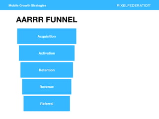 Mobile Growth Strategies
Acquisition
Activation
Retention
Revenue
Referral
AARRR FUNNEL
 