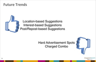 Future	
  Trends
31
Location-based Suggestions
Interest-based Suggestions
Post/Repost-based Suggestions
Hard Advertisement Spots
Charged Combo
 