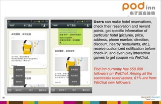38
Users can make hotel reservations,
check their reservation and reward
points, get speciﬁc information of
particular hotel (pictures, price,
address, phone number, direction,
discount, nearby restaurants, etc.),
receive customized notiﬁcation before
check-in, and even play interactive
games to get coupon via WeChat.
Pod Inn currently has 550,000
followers on WeChat. Among all the
successful reservations, 61% are from
WeChat new followers.
 