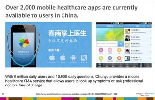 Over	
  2,000	
  mobile	
  healthcare	
  apps	
  are	
  currently	
  
available	
  to	
  users	
  in	
  China.
57 http://www.wantchinatimes.com/news-subclass-cnt.aspx?id=20130502000001&cid=1502
With 8 million daily users and 10,000 daily questions, Chunyu provides a mobile
healthcare Q&A service that allows users to look up symptoms or ask professional
doctors free of charge.
 