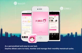 59
As	
  a	
  personalized	
  and	
  easy-­‐to-­‐use	
  tool,	
  
Dayima	
  allows	
  users	
  to	
  track,	
  monitor	
  and	
  manage	
  their	
  monthly	
  menstrual	
  cycles.
 