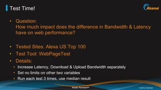Test Time!

•  Question:
   How much impact does the difference in Bandwidth & Latency
   have on web performance?

•  Tested Sites: Alexa US Top 100
•  Test Tool: WebPageTest
•  Details:
 •  Increase Latency, Download & Upload Bandwidth separately
 •  Set no limits on other two variables
 •  Run each test 3 times, use median result

                               Faster ForwardTM                ©2012 Akamai
 